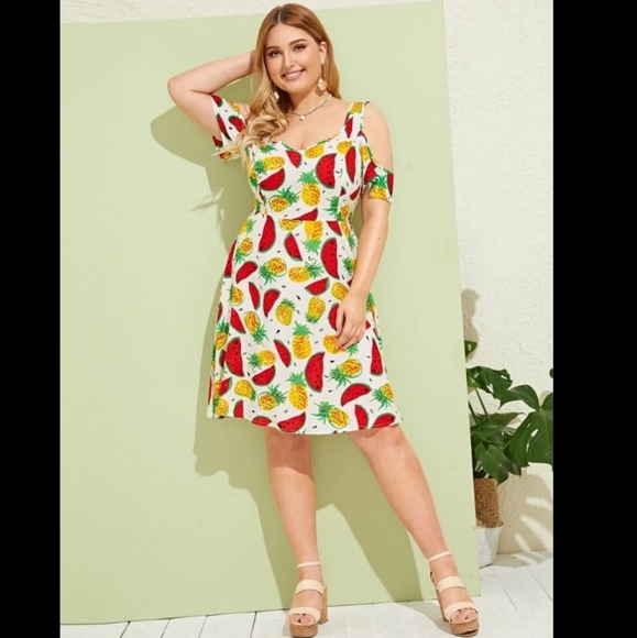 Plus Size Pineapple Watermelon Cold Shoulder Dress - Picture 4 of 5